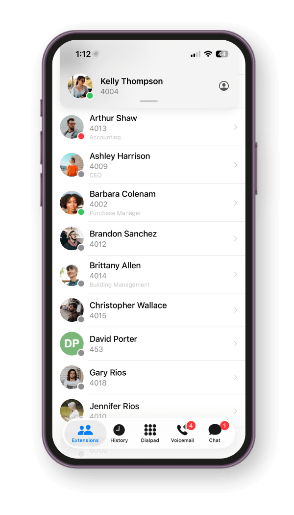 Vodia iPhone app showing extension list and user status