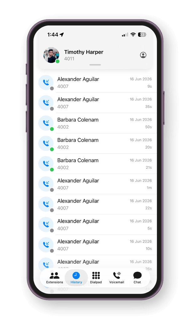Vodia iPhone app showing recent call history
