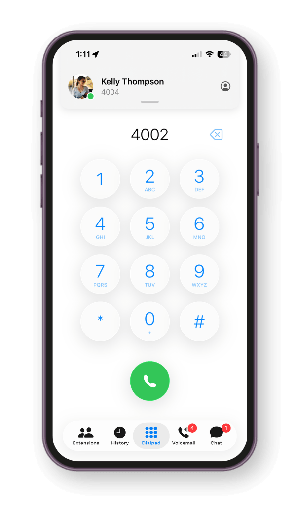Vodia iPhone app dialpad for placing calls from a PBX extension