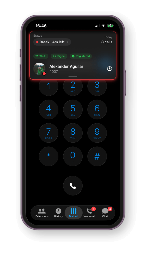 Vodia iPhone app showing dark mode dialpad and call interface