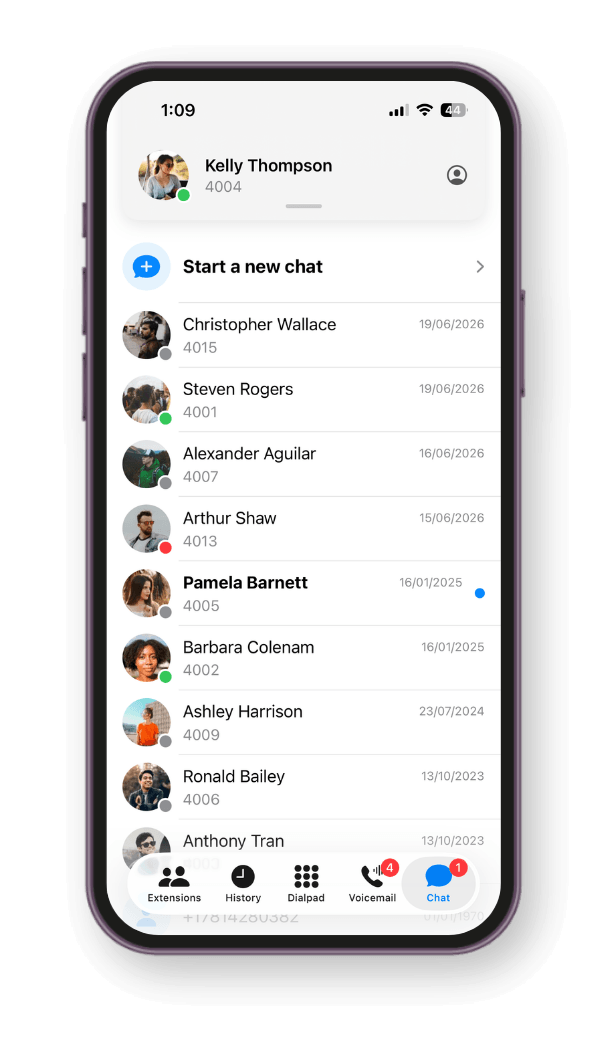 Vodia iPhone app showing business chat conversations