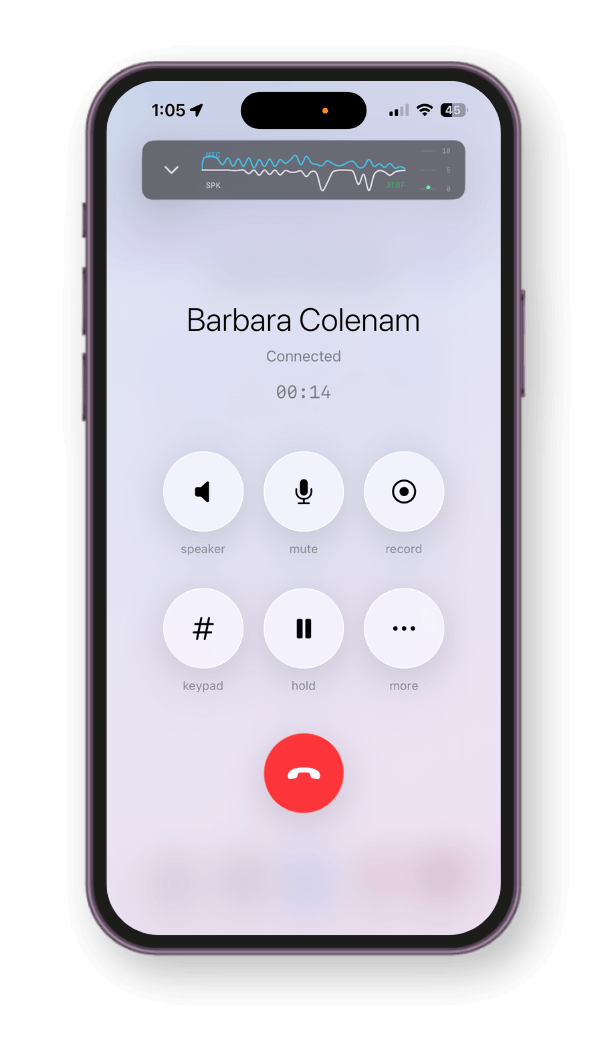Vodia iPhone app showing modern iOS call controls