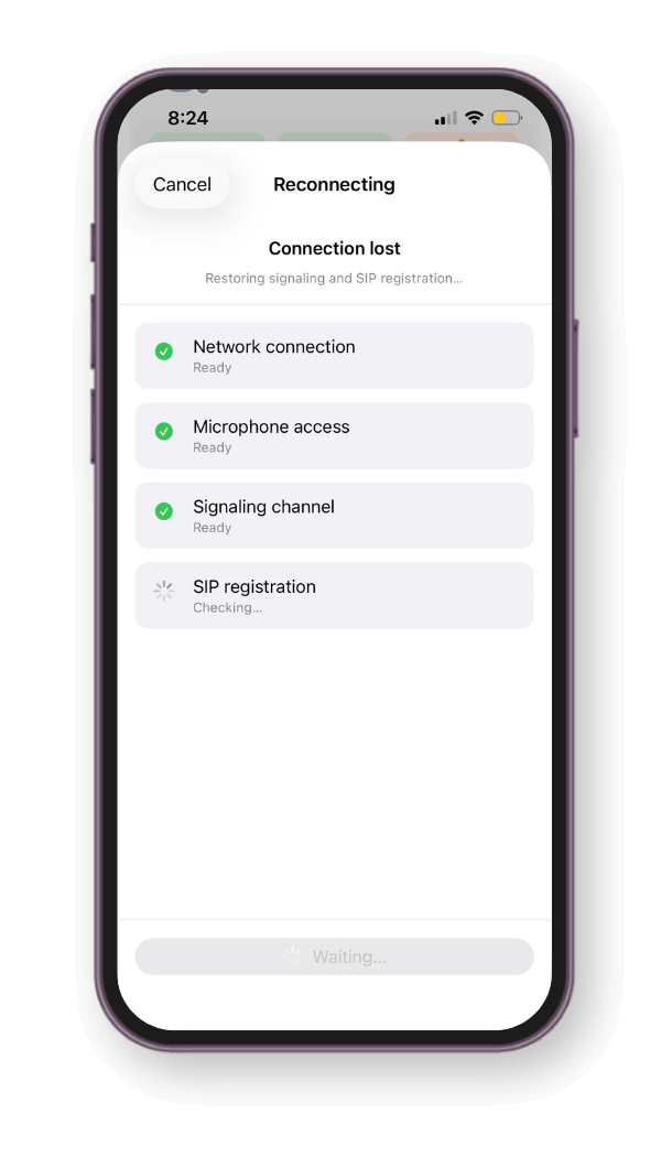 Vodia iPhone app showing reconnecting status and system readiness checks