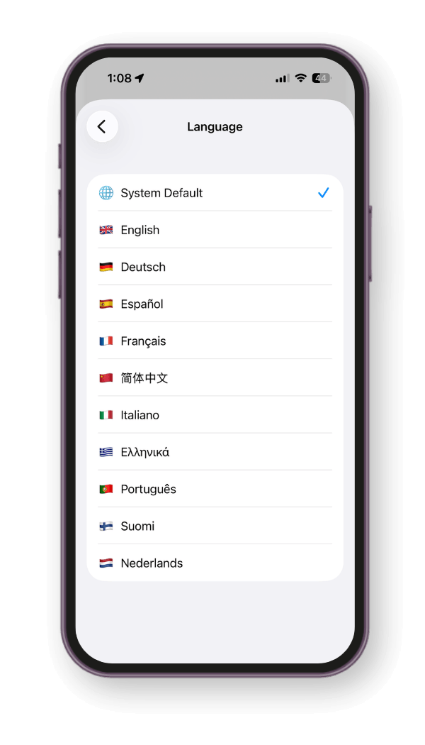 Vodia iPhone app language settings screen