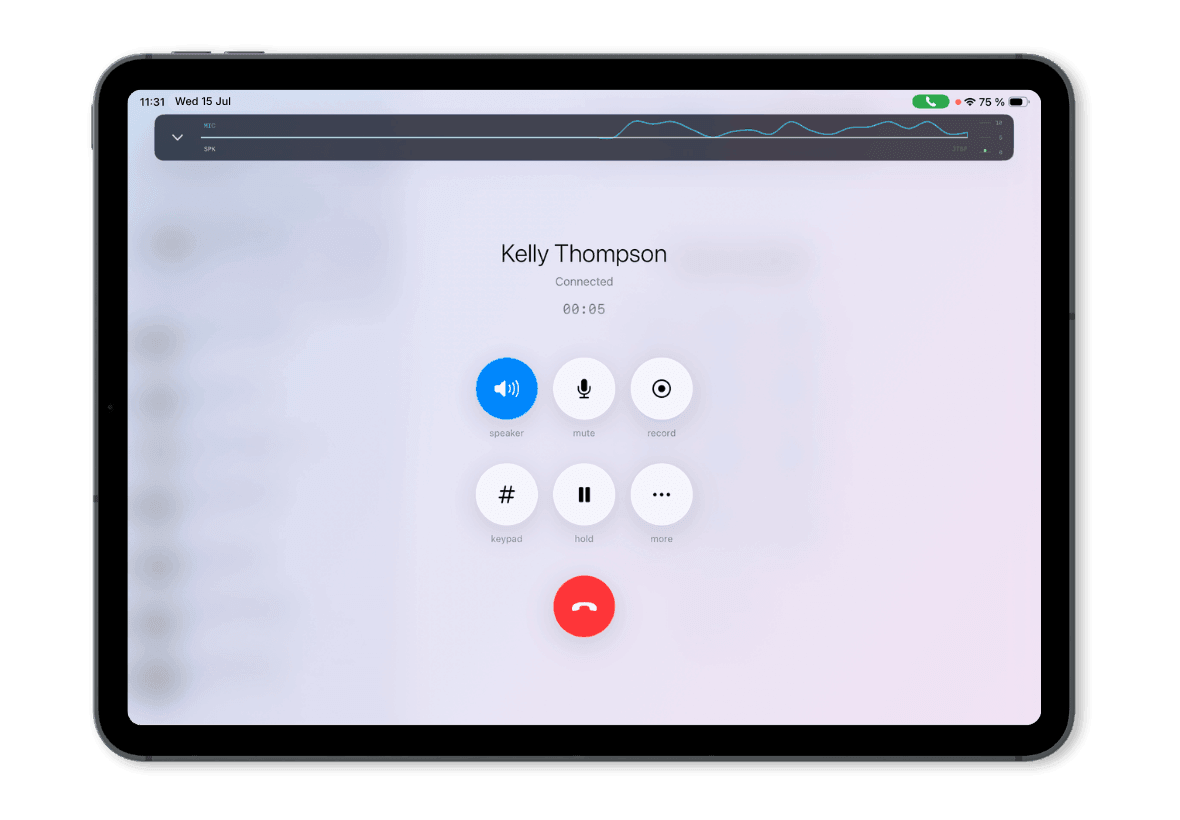 Vodia iPad app showing active call controls and live audio monitor