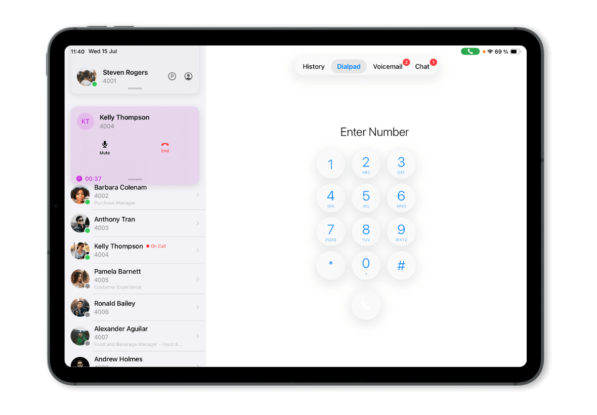 Vodia iPad app showing extension list, active call card, and dialpad