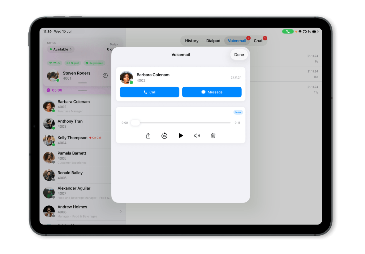 Vodia iPad app showing voicemail playback and message controls