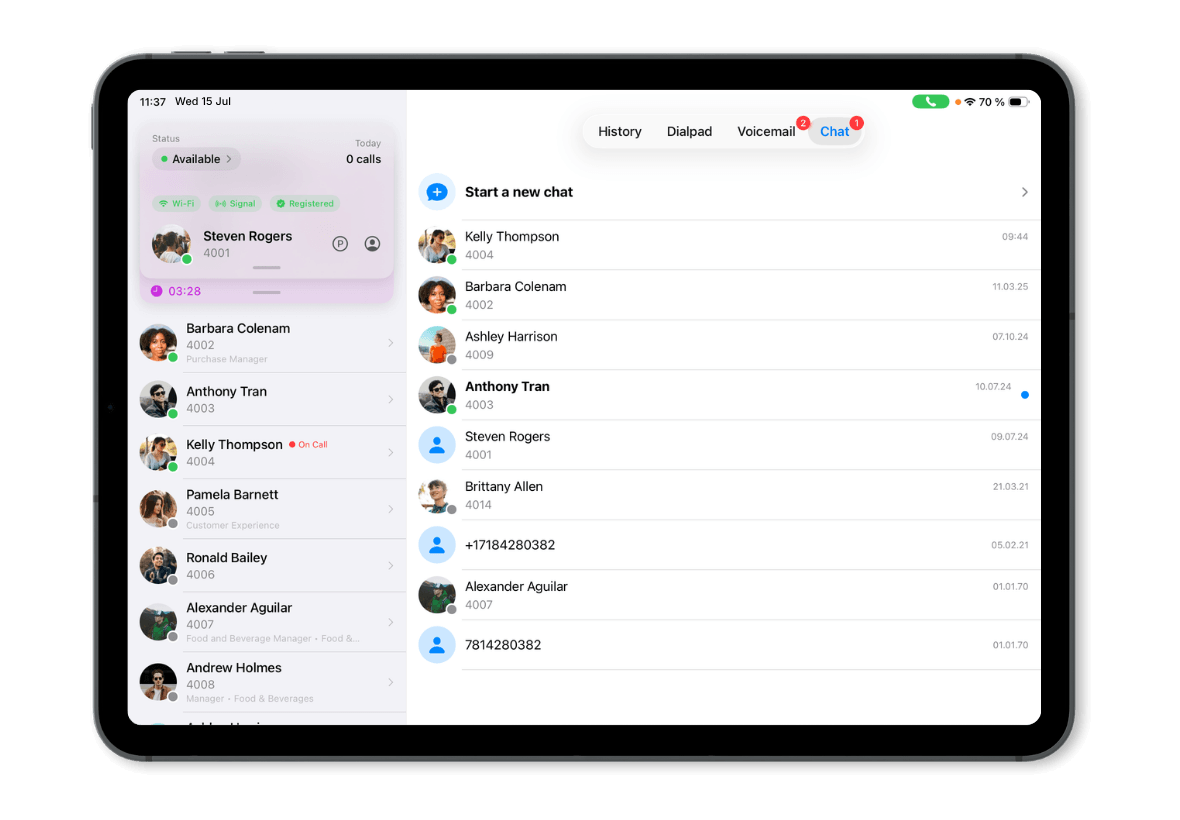 Vodia iPad app showing chat list with extension sidebar