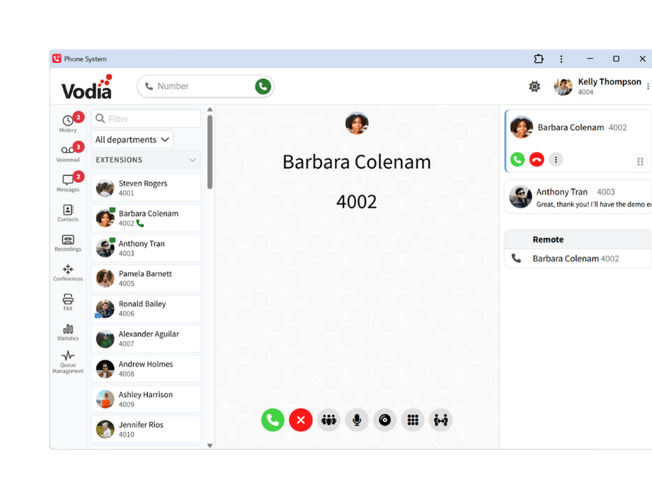 Vodia Softphone activity feed combining calls, messages and voicemail