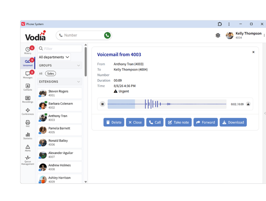 Vodia Softphone voicemail inbox with caller details and playback controls