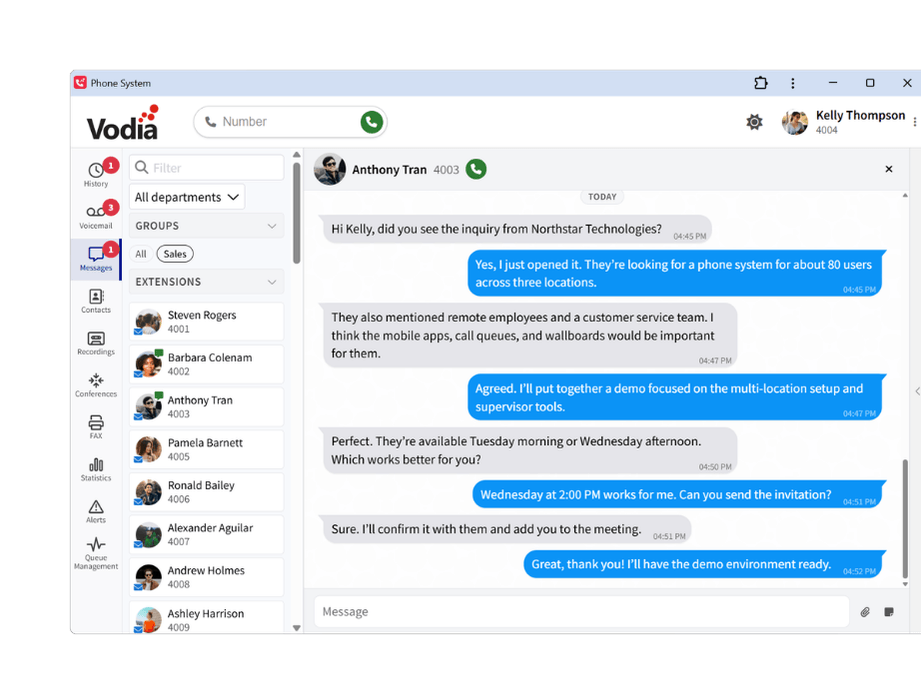 Vodia Softphone messaging interface with recent conversations