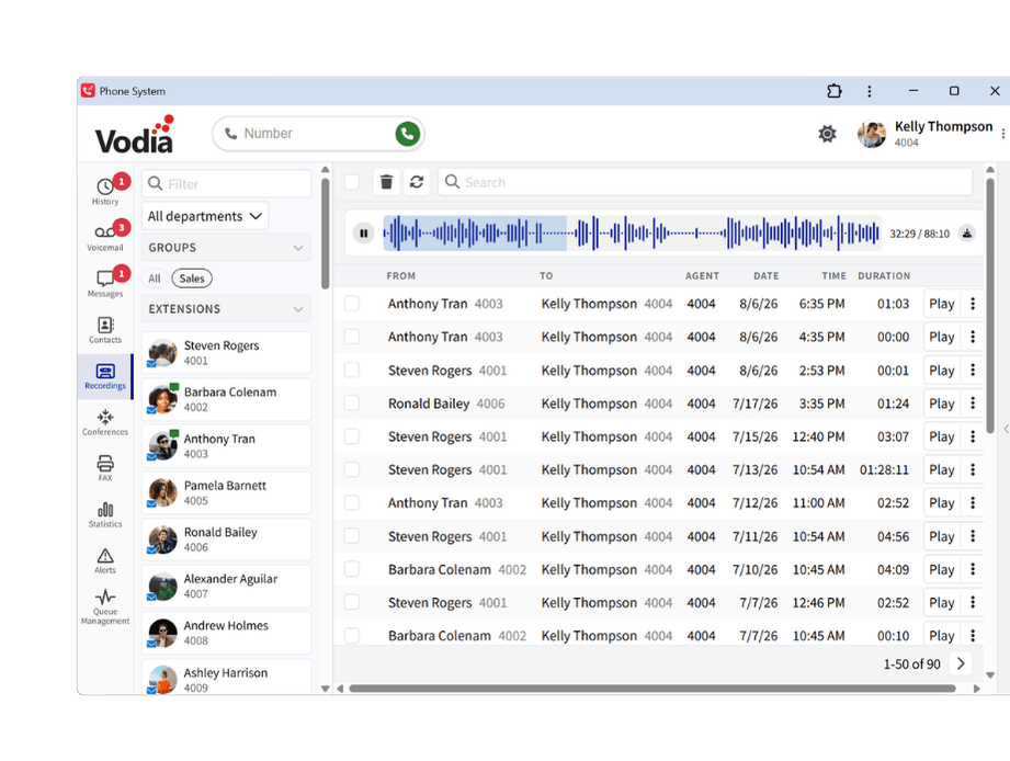 Vodia Softphone call recordings with caller details and playback controls