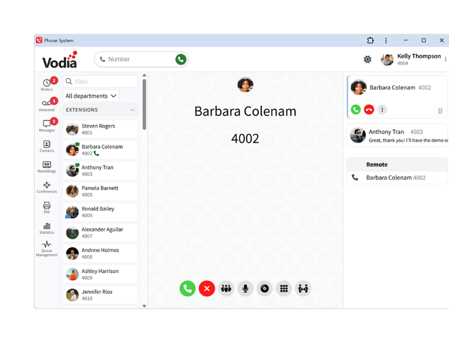 Vodia Softphone call history with incoming, outgoing and missed calls