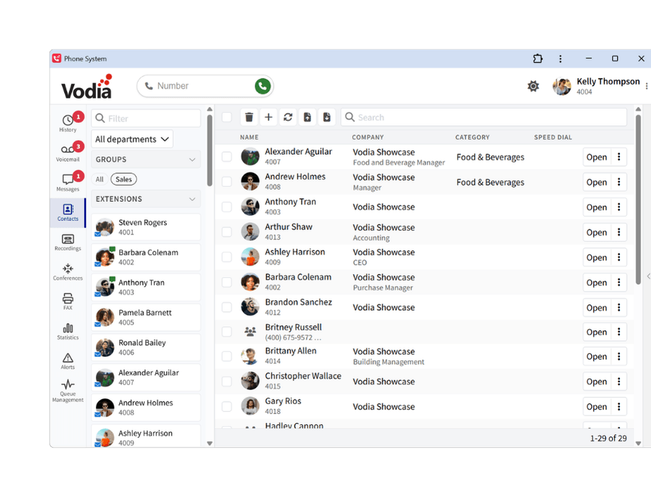 Vodia Softphone contacts showing colleague presence and contact details