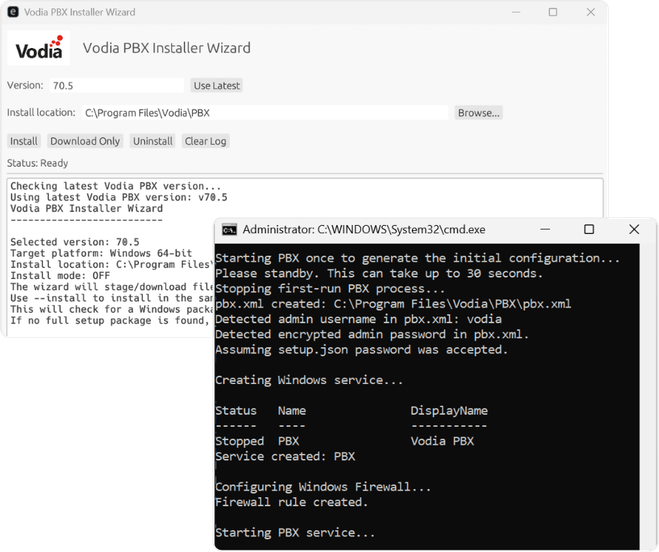 Vodia PBX Installer Wizard for selecting and installing a PBX version on Windows