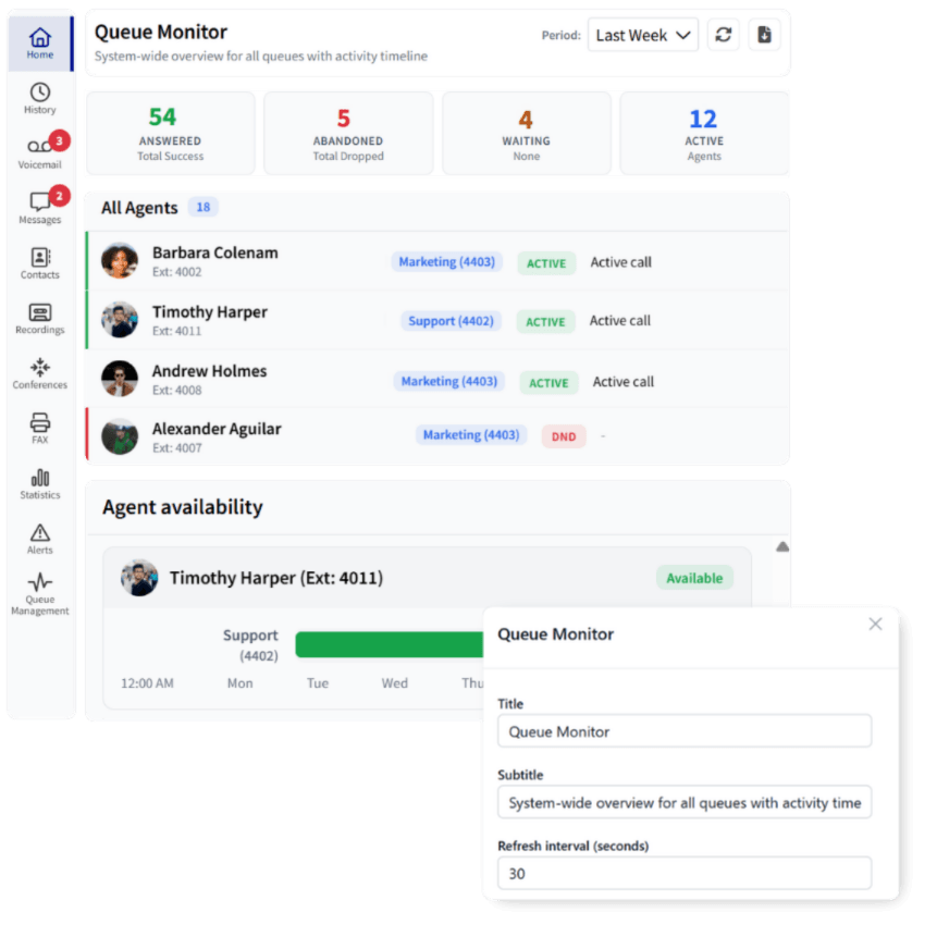 Customized Vodia User Portal Queue Monitor beside its template selection and configuration settings