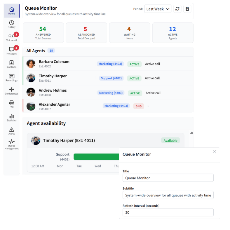 Customized Vodia User Portal Queue Monitor beside its template selection and configuration settings
