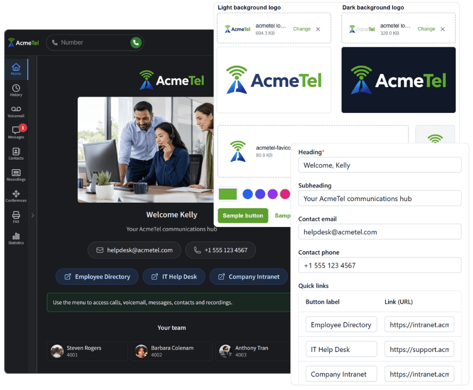 AcmeTel-branded Vodia User Portal with custom logos, favicon, accent color and home-screen settings