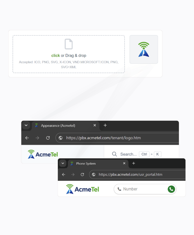 AcmeTel favicon uploaded in Vodia and displayed in Admin Portal and User Portal browser tabs