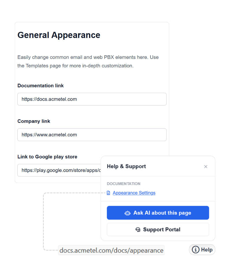 Vodia General Appearance settings connecting AcmeTel documentation and company links to the Help and Support menu