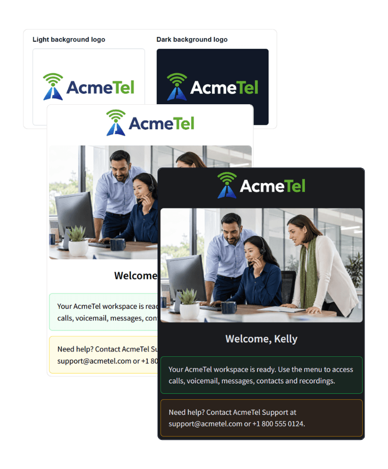 AcmeTel logos displayed in the light and dark versions of the Vodia User Portal