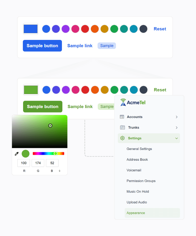 Vodia Appearance settings showing the Admin Portal accent color changing from blue to AcmeTel green