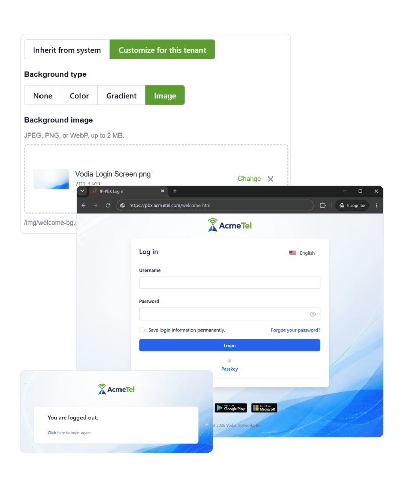 Vodia tenant settings with AcmeTel-branded login and logout backgrounds