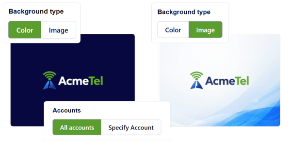 Vodia desk-phone branding previews showing AcmeTel logos on solid-color and custom-image backgrounds