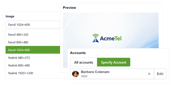 Vodia model-specific phone branding settings with a Fanvil image size and extension-level override