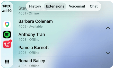 Vodia iOS app showing the CarPlay extension directory with presence status