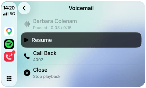 Vodia iOS app showing voicemail playback controls in CarPlay