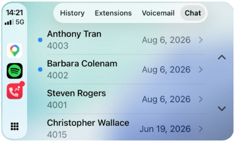 Vodia iOS app showing PBX chat conversations in CarPlay