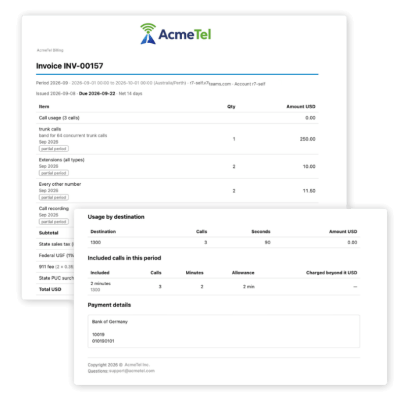 Branded customer invoice generated by Vodia Billing