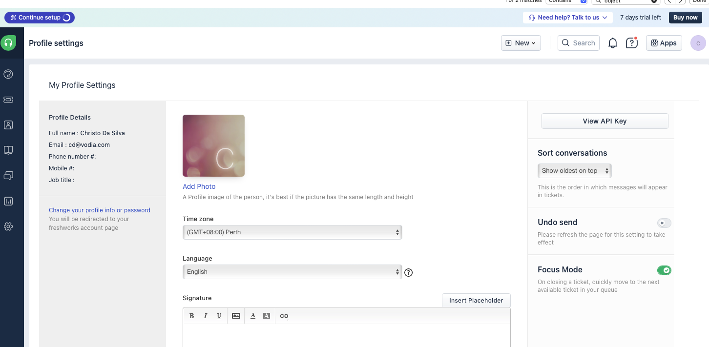 Integrating Vodia with Freshdesk Screenshot of the Profile Settings