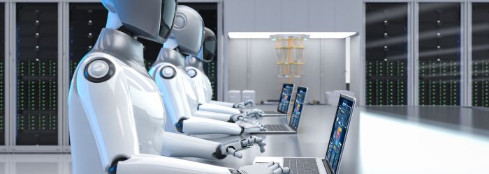 AI robots working on their laptops to create a Javascript IVR 