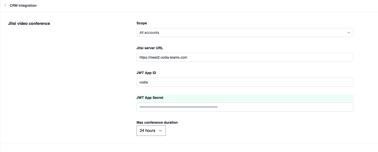 Jitsi video conferencing configuration within PBX including server URL and JWT authentication