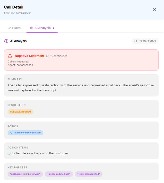 AI insights of a call on the Vodia Analytics