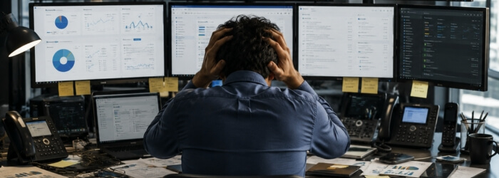 Office worker managing multiple disconnected systems across several screens, illustrating fragmented communication tools