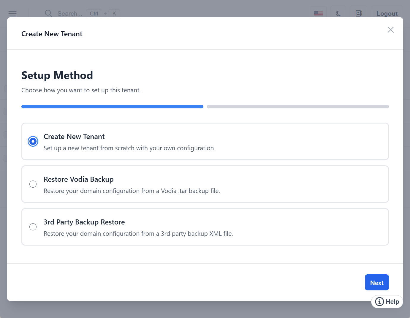 Vodia V70.3 setup wizard guiding administrators through system setup, licensing, SIP trunk, DNS, and email configuration.