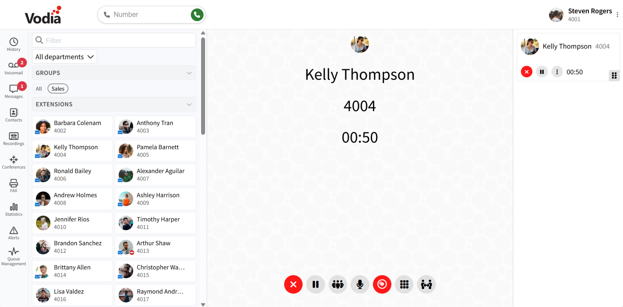 Refreshed Vodia User Web Portal with left-side navigation, call controls, voicemail, recordings, and contact panels.