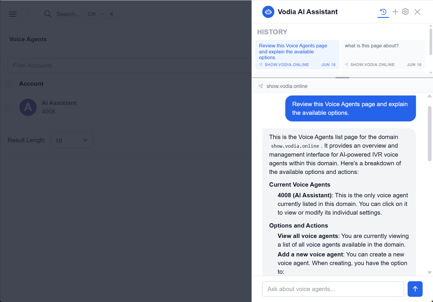 Context-aware AI assistance in the Vodia Admin Portal reviewing a Voice Agents page and explaining available options.