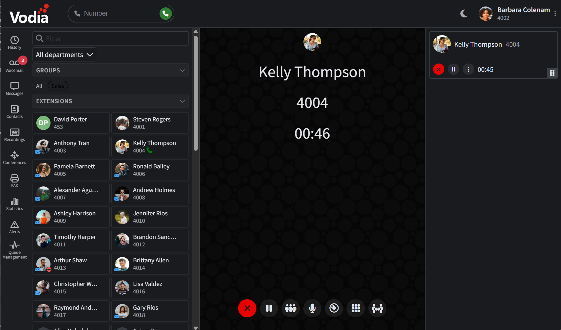 Refreshed Vodia User Web Portal with left-side navigation, call controls, voicemail, recordings, and contact panels.