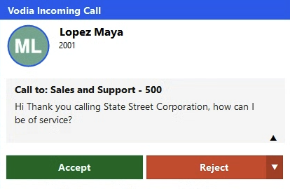VodiaHub incoming call notification