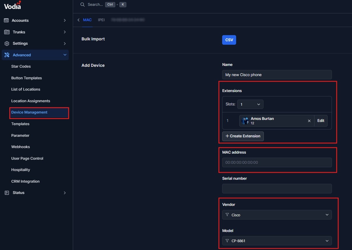 Device management for Cisco phones through the Vodia Admin Portal