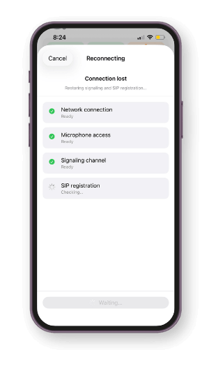 Vodia iOS app call reconnecting