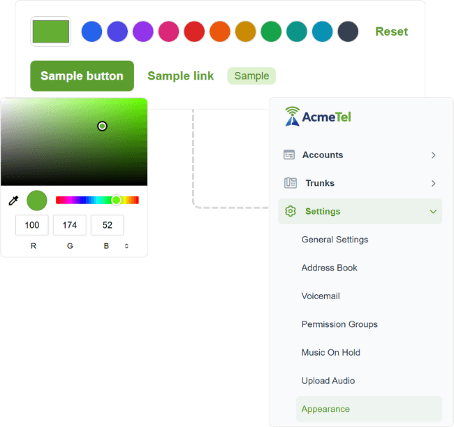 Example Vodia Appearance settings configured for a white-label communications brand.