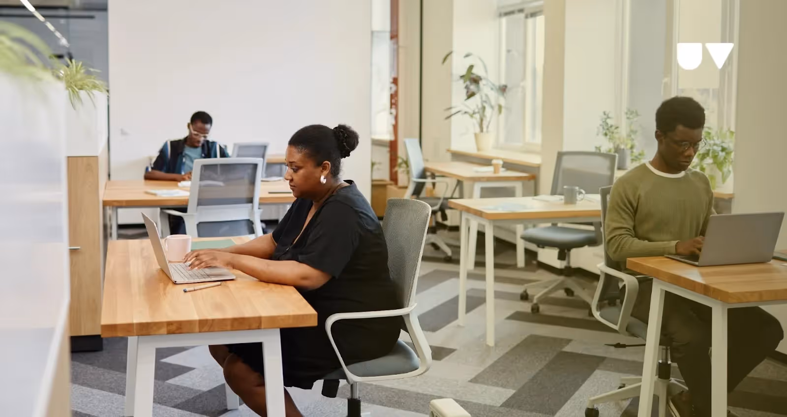 Professionals working in a coworking space in tranquillity.