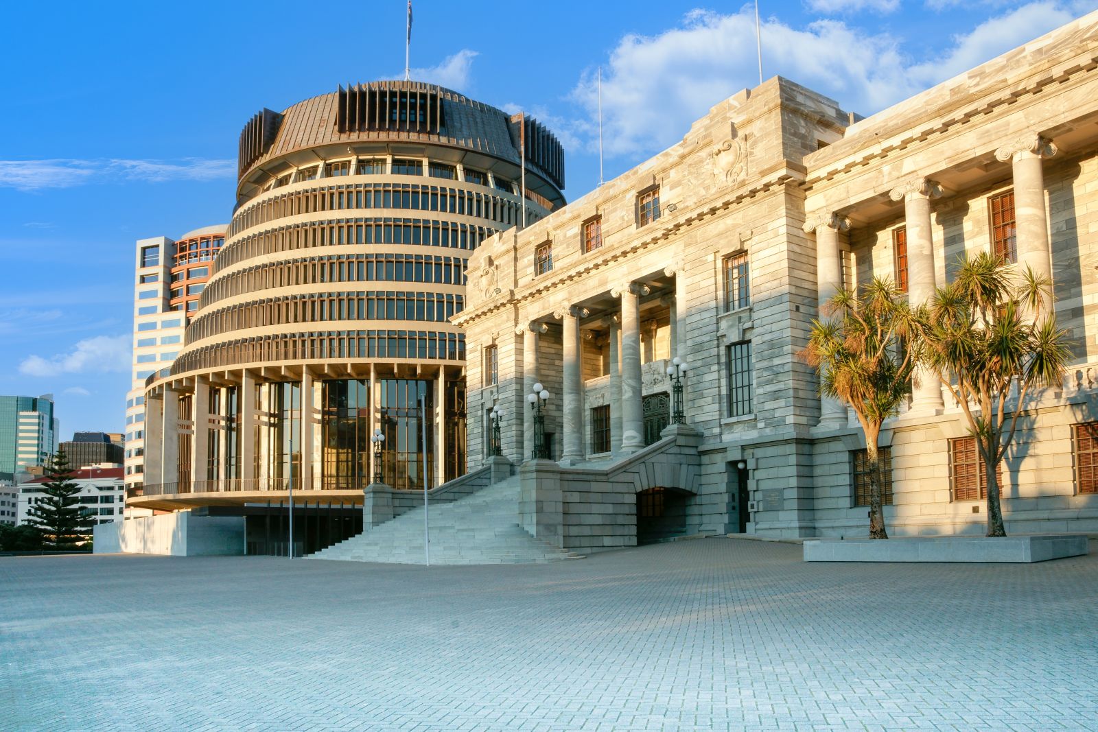 The Beehive and Parliament House buildings in Wellington, New Zealand