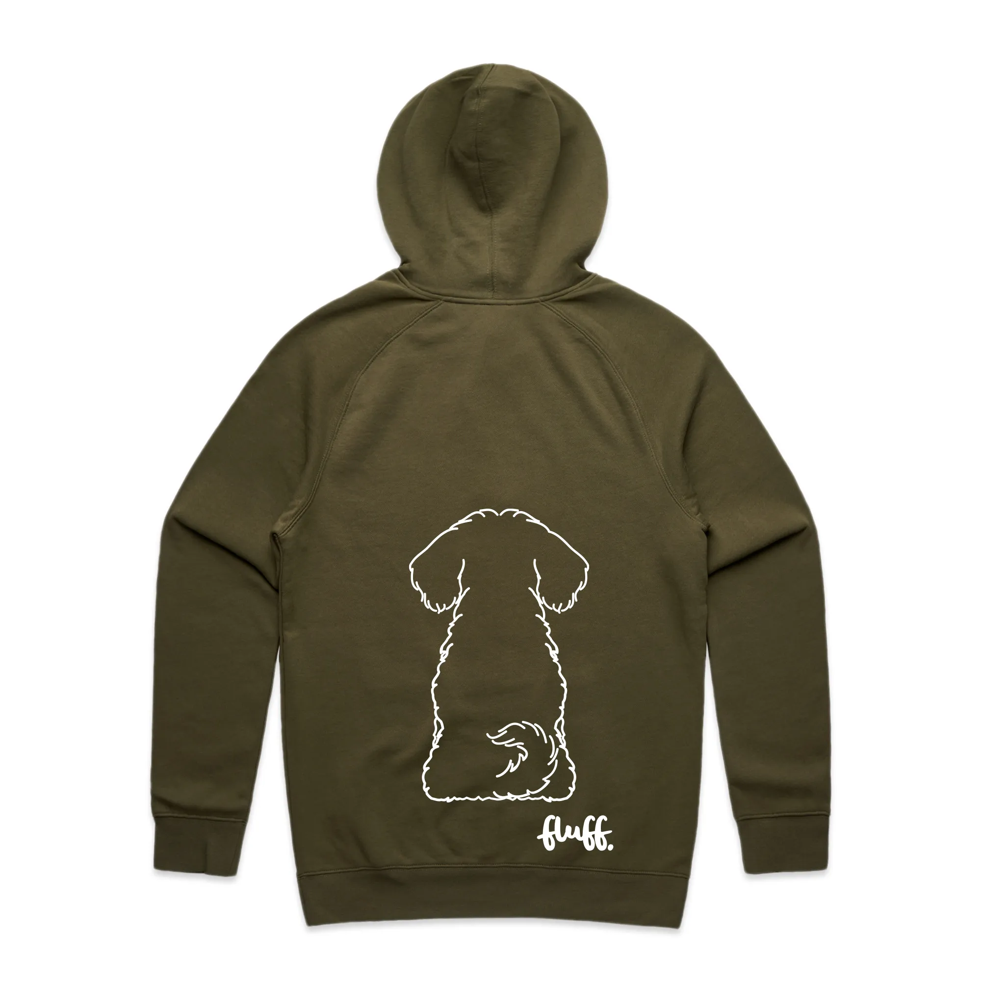 Army-coloured hoodie with a dog illustration.