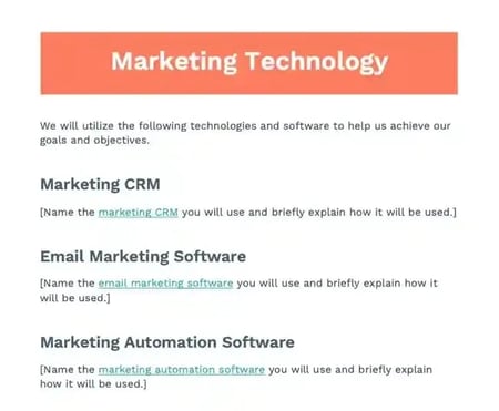 Screenshot of the “marketing channels” section in a sample marketing plan template